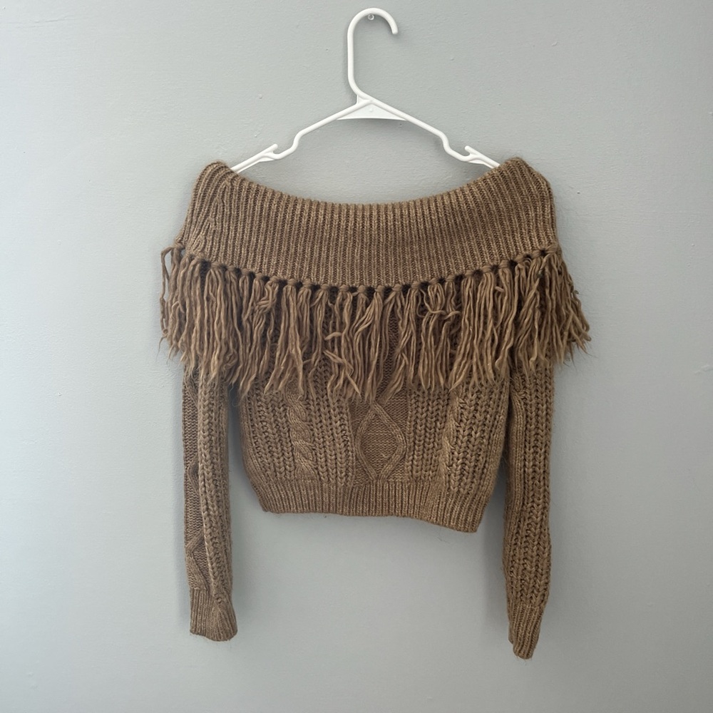 Olivaceous Tan Off-Shoulder Fringed Sweater
